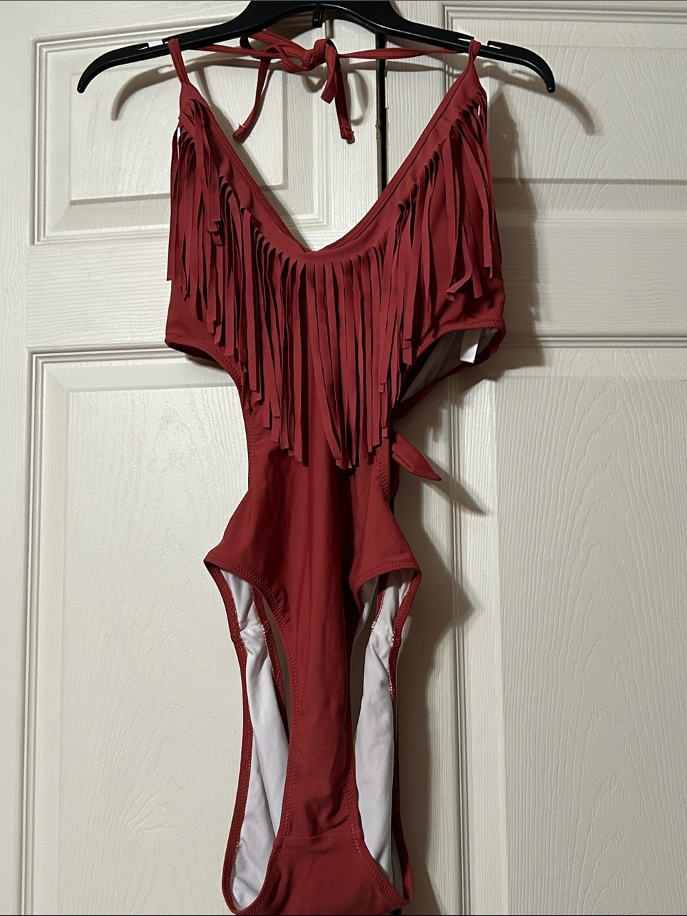 Beachsissi - Women’s XL  Rust Colored Fringe One-Piece Swimwear with Tie Straps
